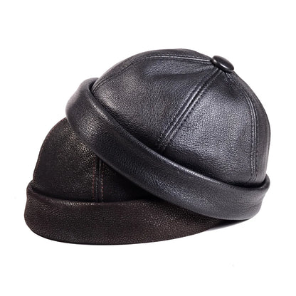 Men S Women Real Leather Winter Warm Skullcap Beanies Beret Round Hat Brimless Caps