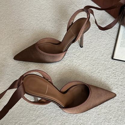 Stiletto Heel Ankle Strap Pumps – Pointed Toe Satin Heels