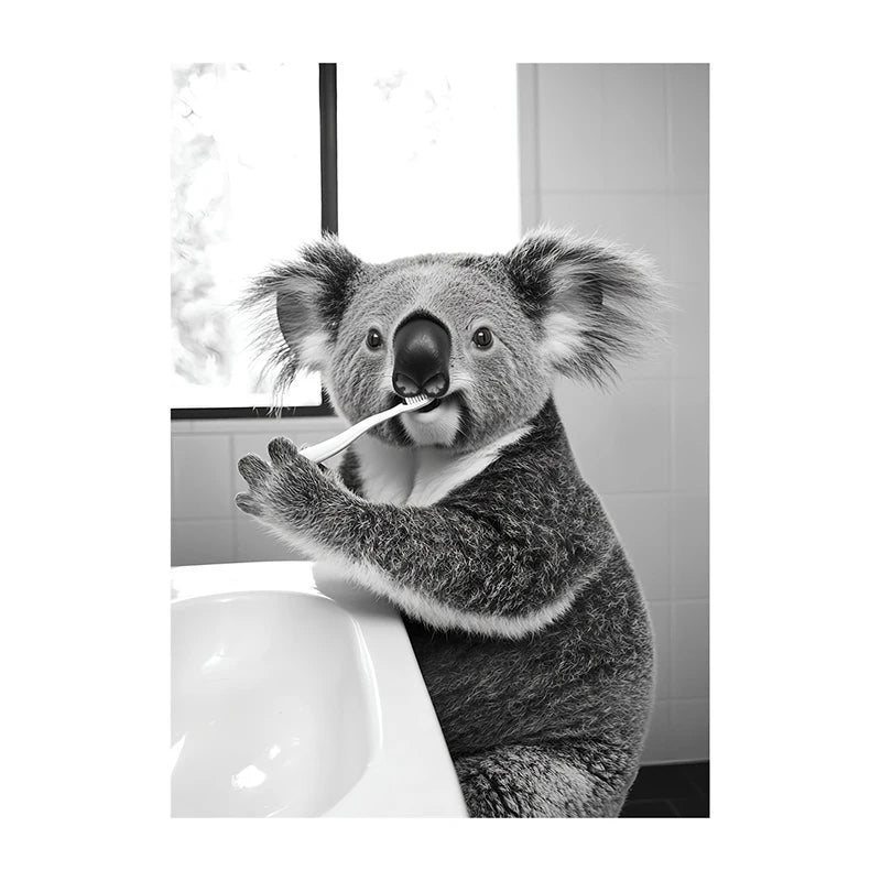 Funny Animal Bathroom Wall Art Poster – Black & White Vintage Print