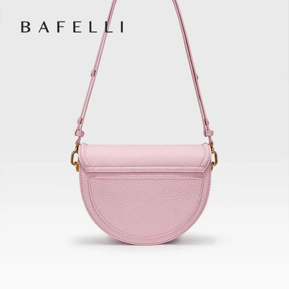 Designer Half-Moon Saddle Bag Top Grain Leather Mother-Of-Pearl Clasp - Light Luxe All-Leather