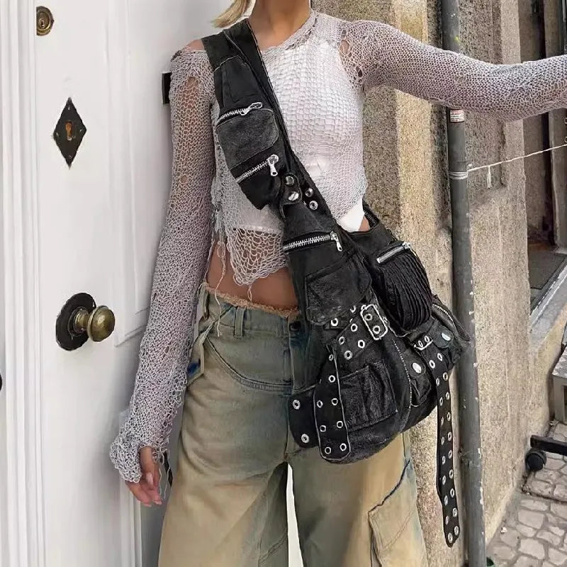 Leather Rivet Shoulder Bag – Edgy Patchwork Underarm Hobo Bag