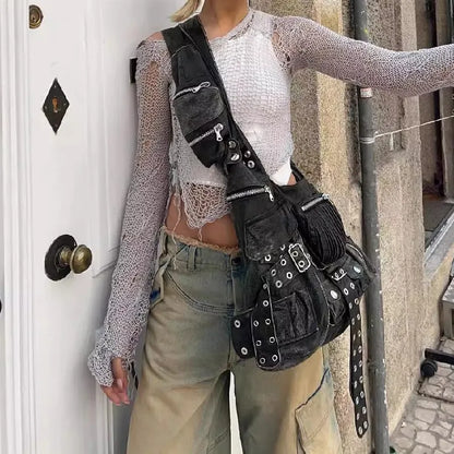 Leather Rivet Shoulder Bag – Edgy Patchwork Underarm Hobo Bag