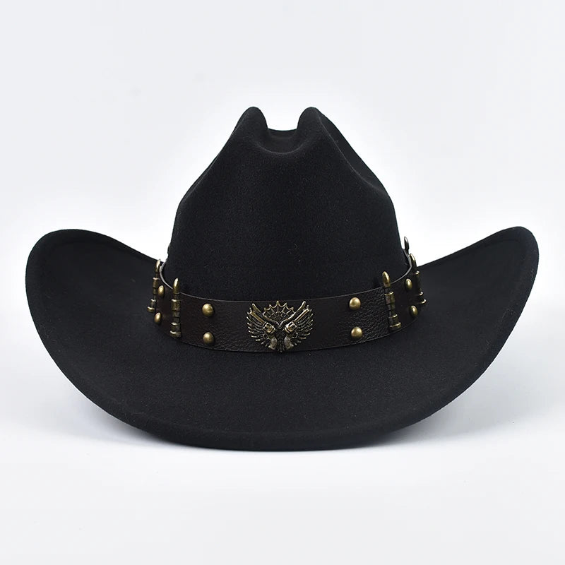 Men Women Western Cowboy Hat Leather Vintage Big-Edge Gentleman Cowgirl Cloche Church Caps
