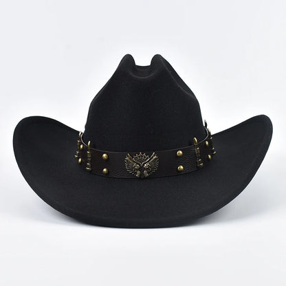 Men Women Western Cowboy Hat Leather Vintage Big-Edge Gentleman Cowgirl Cloche Church Caps