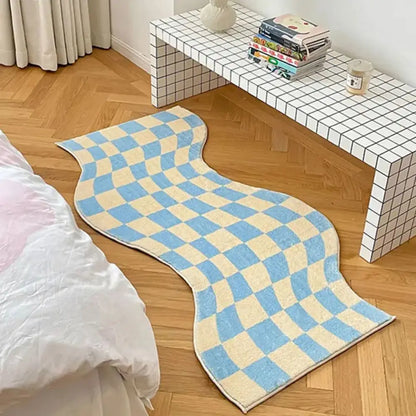 Checkered Wavy Bedroom Rug – Soft Pink Irregular Floor Mat for Girls & Living Room