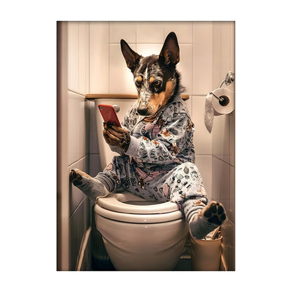 Funny Dog Bathroom Poster – Dog Reading Newspaper on Toilet Wall Art