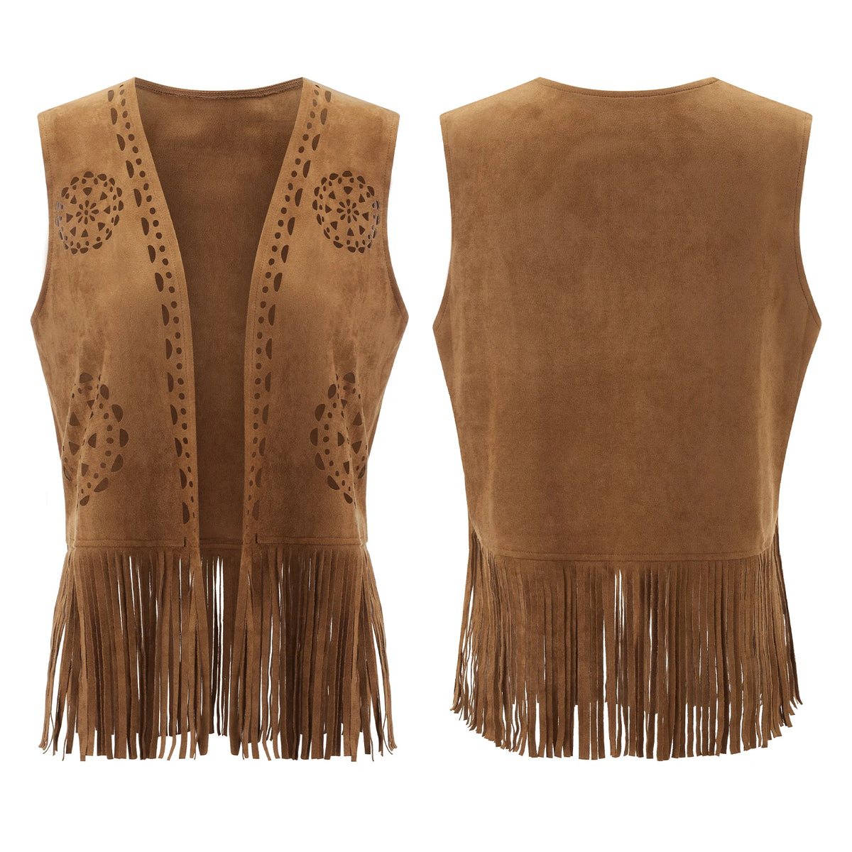 Fringe Faux Suede Vest – Women's Tassel Open-Front Western Jacket