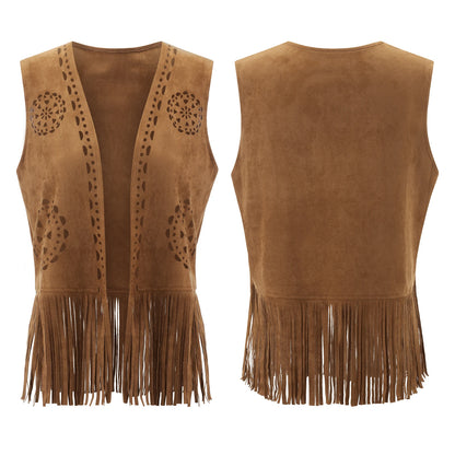 Fringe Faux Suede Vest – Women's Tassel Open-Front Western Jacket