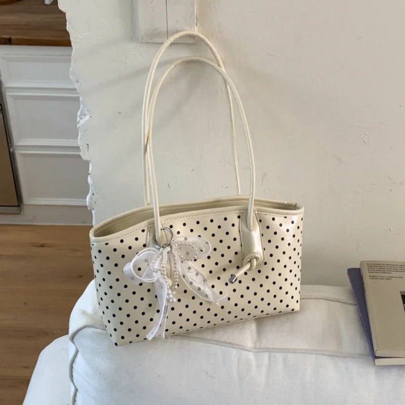 Korean Style Polka Dot For Women Elegant Underarm Bag With Pearl Bow