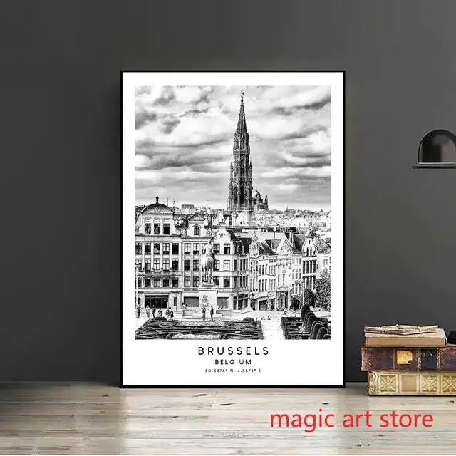 City Travel Poster – Black & White Landmark Wall Art Print for Home Decor