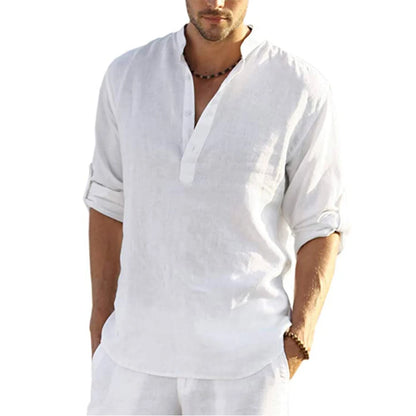 Men's Cotton Linen Long Sleeve Shirt – Casual Loose V-Neck Top S-3XL
