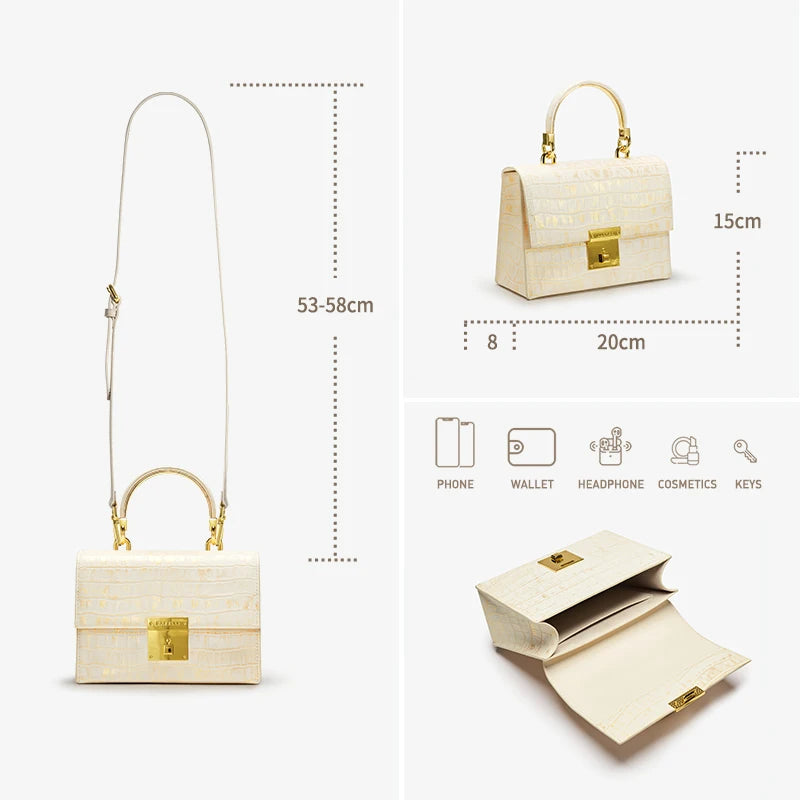 Genuine Leather Shoulder Handbag with Gold Hardware