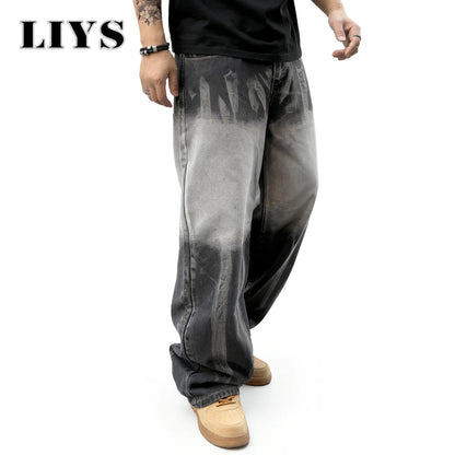LIYS Tie-Dye Gradient Baggy Wide Leg Jeans – Unisex Streetwear Denim