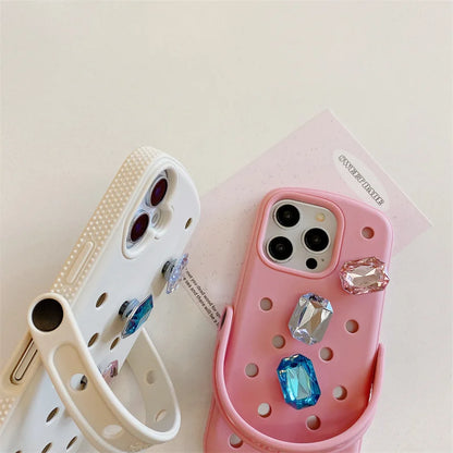 Crystal Charm Croc-Style iPhone Case – iPhone 16 / 15 / 14 / 13 / 12 / 11