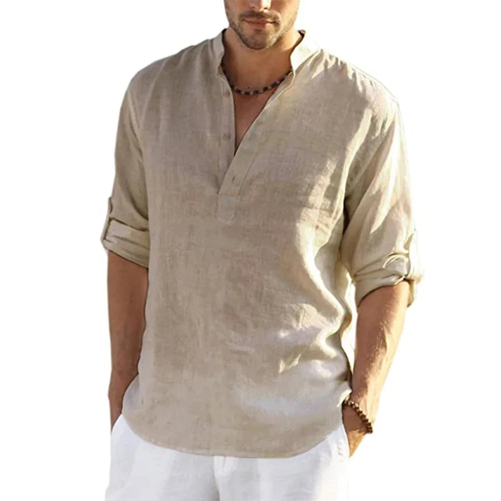 Men's Cotton Linen Long Sleeve Shirt – Casual Loose V-Neck Top S-3XL
