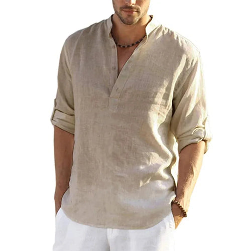 Men's Cotton Linen Long Sleeve Shirt – Casual Loose V-Neck Top S-3XL