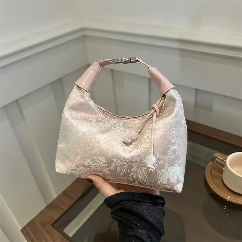 Sweet Embroidery Shoulder Bag Pearl Nylon Texture