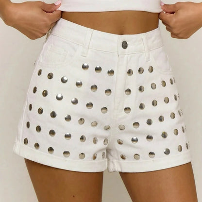 Y2K Rivet Denim Mini Shorts – Low Rise Women's Streetwear