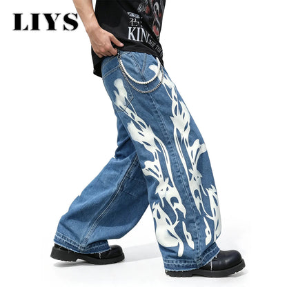 Men's Flame Print Wide Leg Jeans – Retro Streetwear Denim