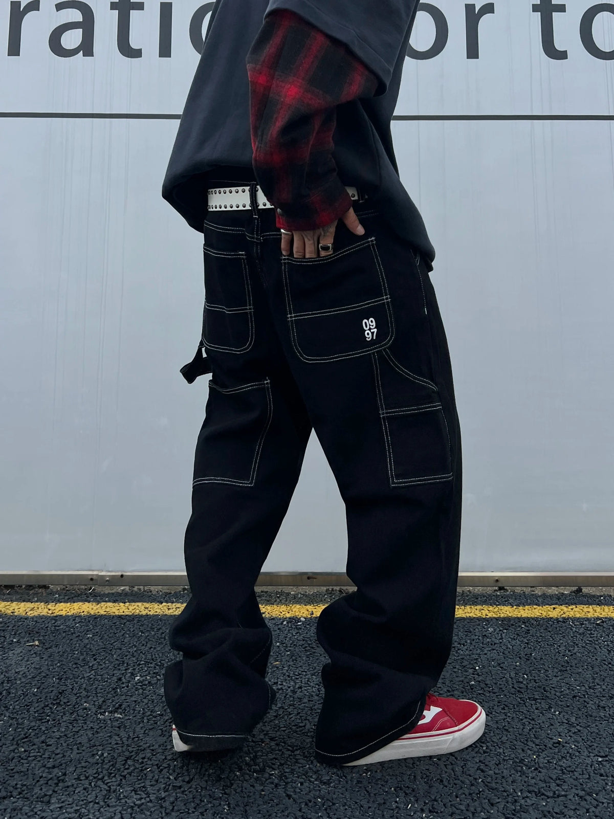 Retro Black Cargo Denim Jeans Men – Straight Leg Korean Streetwear Pants