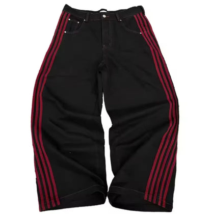 Y2K Baggy Wide-Leg Jeans with Side Stripe – Harajuku Streetwear
