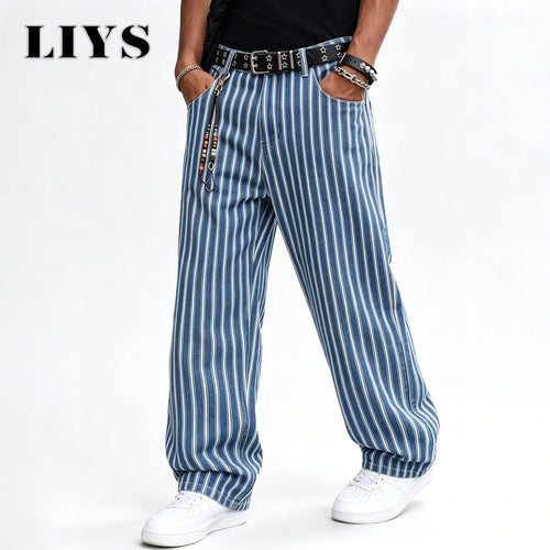 Men's Striped Jacquard Baggy Straight Leg Jeans – Blue & White