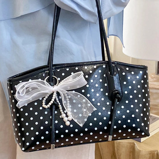 Korean Style Polka Dot For Women Elegant Underarm Bag With Pearl Bow