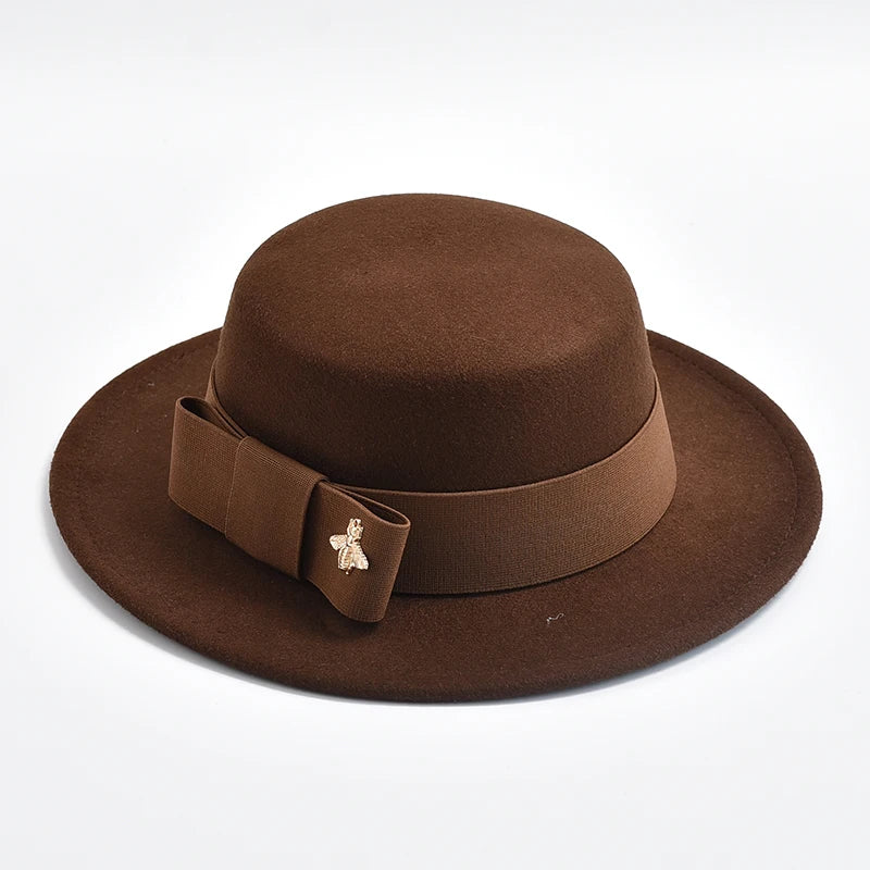 Women's Flat Top Fedora Hat – Bow & Bee Pin, Church & Party