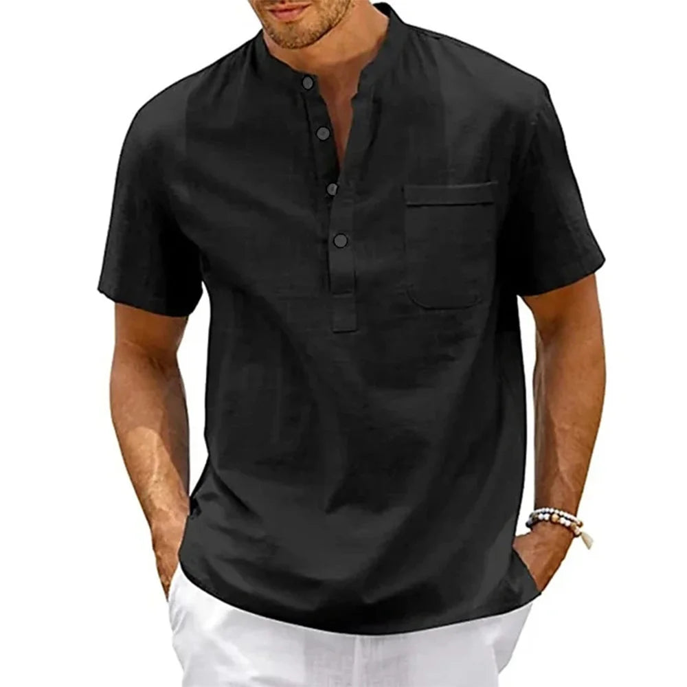 Men's Cotton Linen Henley Shirt – Short Sleeve Beach Top with Pocket