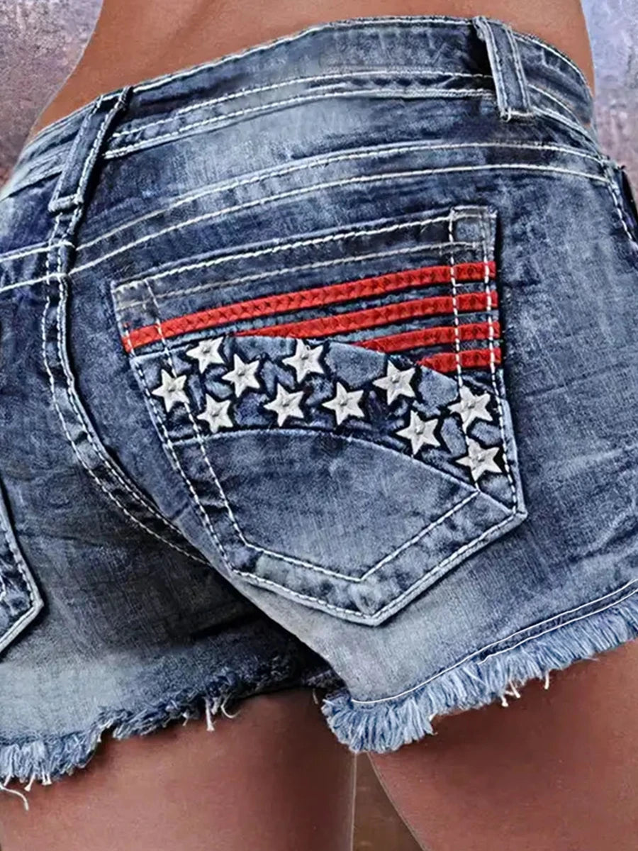 Women's Denim Shorts – Star Stripe Frayed Hem Bodycon