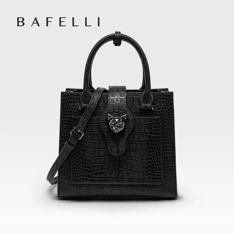 Genuine Leather Crossbody Tote Bag with Cat Hardware – Croc Embossed