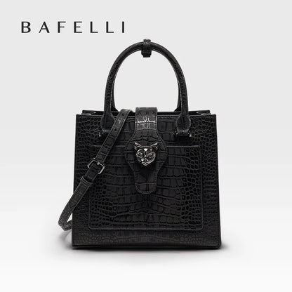 Genuine Leather Crossbody Tote Bag with Cat Hardware – Croc Embossed