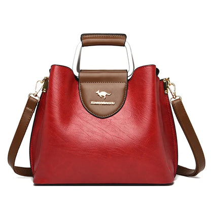 Luxury Oil Skin Leather Tote Bag for Women – 3-Layer Shoulder Handbag