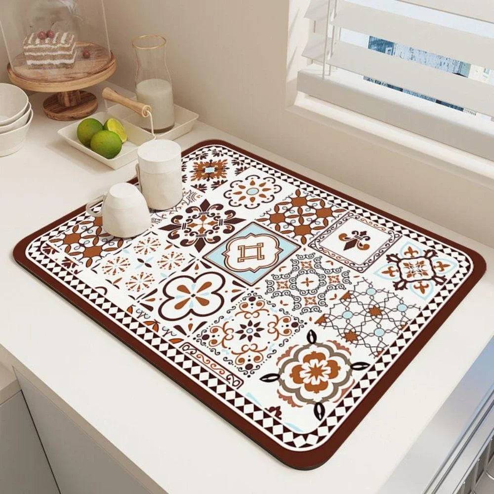Dish Drying Mat – Boho Vintage Tile Absorbent Non-Slip Kitchen Mat