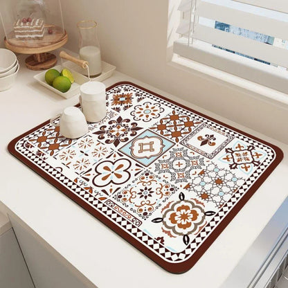 Dish Drying Mat – Boho Vintage Tile Absorbent Non-Slip Kitchen Mat