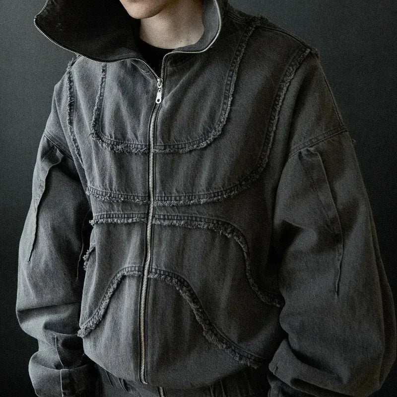 Washed Denim Hooded Jacket Unisex Patchwork Goth Streetwear