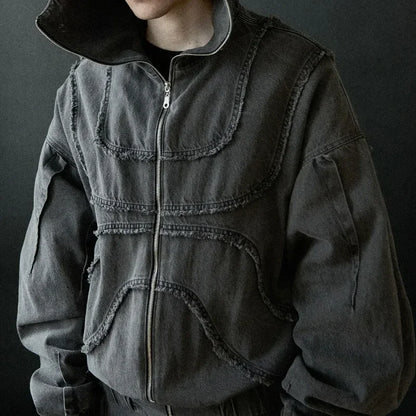 Washed Denim Hooded Jacket Unisex Patchwork Goth Streetwear