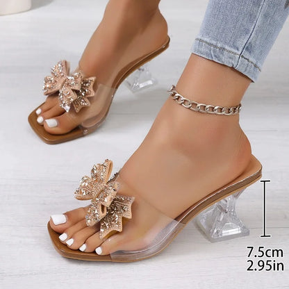 Women's Clear Block Heel Sandals – Sequin Bow Mule Heels