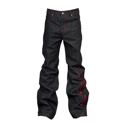 Mens Jeans Tattoo Letter Embroidery Black Red Denim Pants Harajuku Unisex Straight Leg Slight Flare