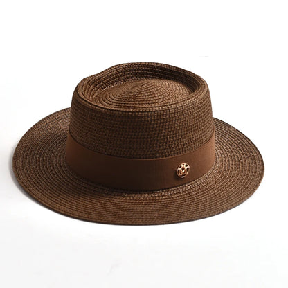 Women's Straw Sun Hat Flat Brim Ribbon Beach Hat