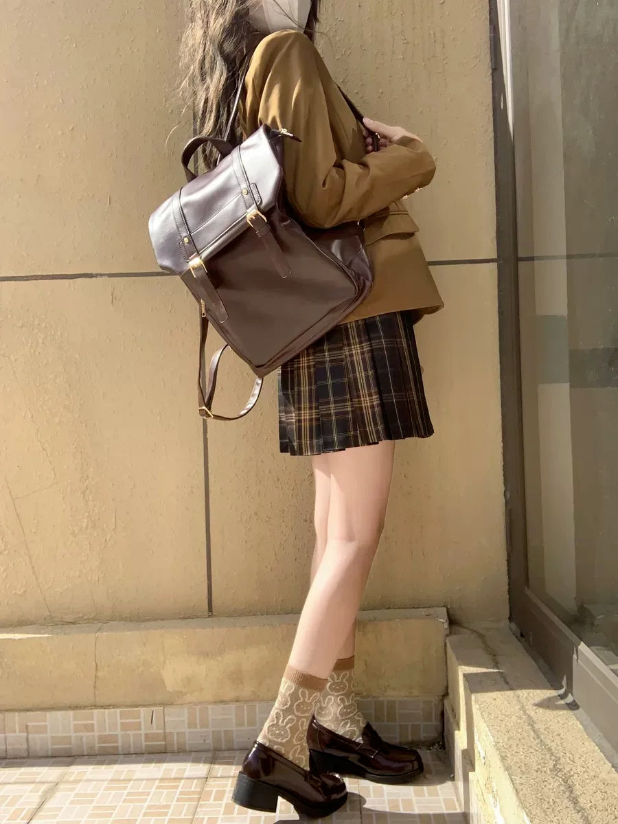 Vintage Brown Backpacks Women High Street Preppy Style Pu Leather
