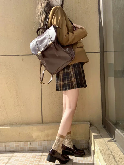 Vintage Brown Backpacks Women High Street Preppy Style Pu Leather