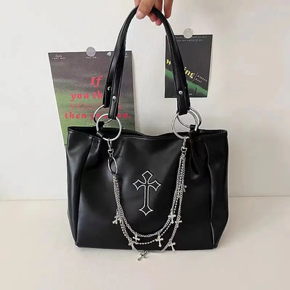 Y2k Grunge The Tote Bag Women Gothic Cross Pu Leather