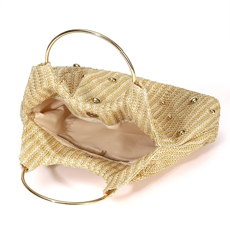 Boho Beaded Straw Handbag Elegant Circle Handle Clutch