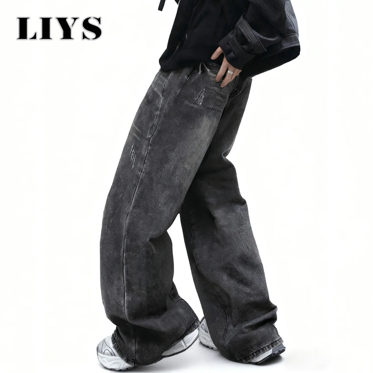 Baggy Wide-Leg Jeans Dark Gray – LIYS Unisex Retro Oversized Denim