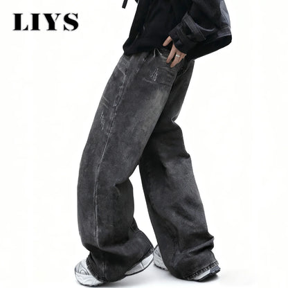 Baggy Wide-Leg Jeans Dark Gray – LIYS Unisex Retro Oversized Denim