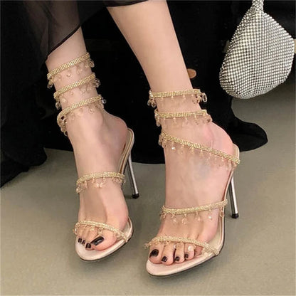 Crystal Pendant Stiletto Sandals – Rhinestone Ankle Strap Heels