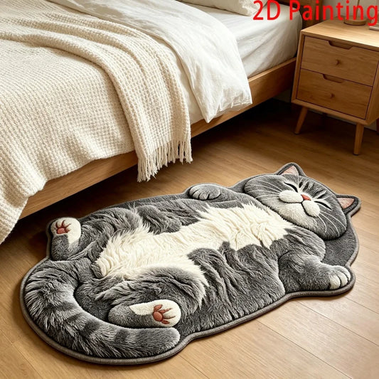 3D Cat Shaped Plush Rug – Cute Kitten Non-Slip Bedroom Floor Mat