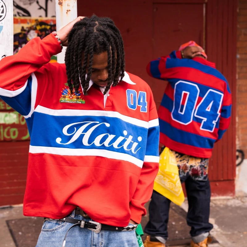 Haiti Rugby Polo Shirt | Striped Contrast Long Sleeve