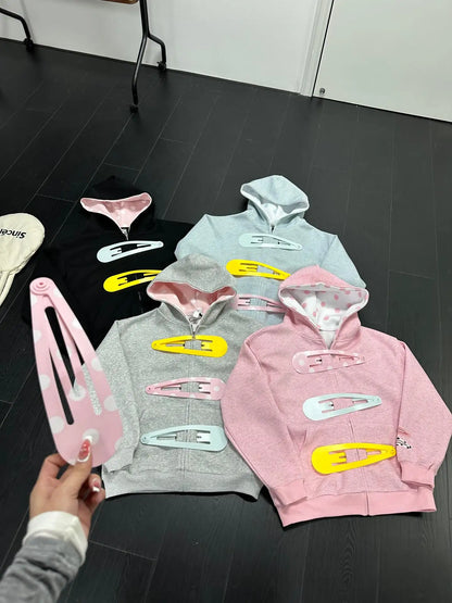 Oversized Zip-Up Hoodie Jacket for Women – Clip Detail Sweatshirt